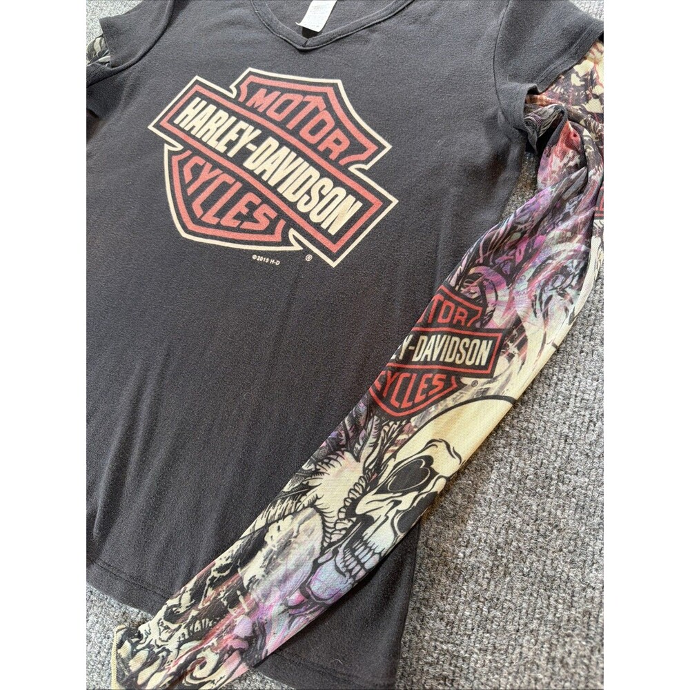Harley-Davidson Women Black Bar & Shield Mesh Tattoo Long Sleeve T-Shirt L USA